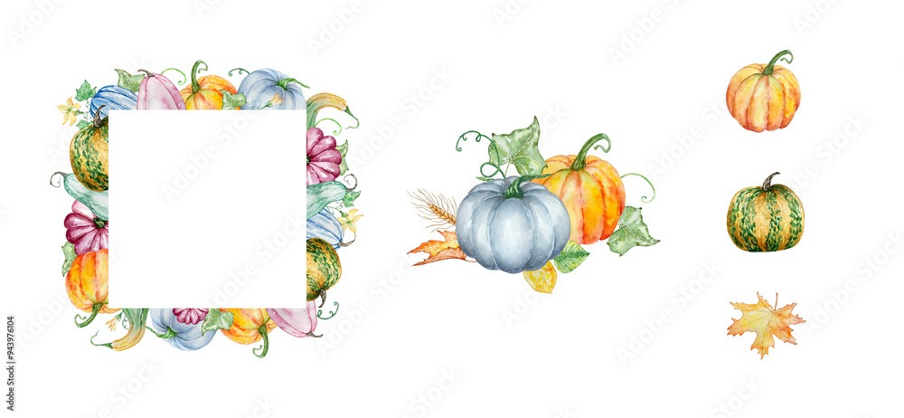 Watercolor autumn frames set with pumpkins and fall leaves Watercolor autumn frames set with pumpkins and fall leaves
