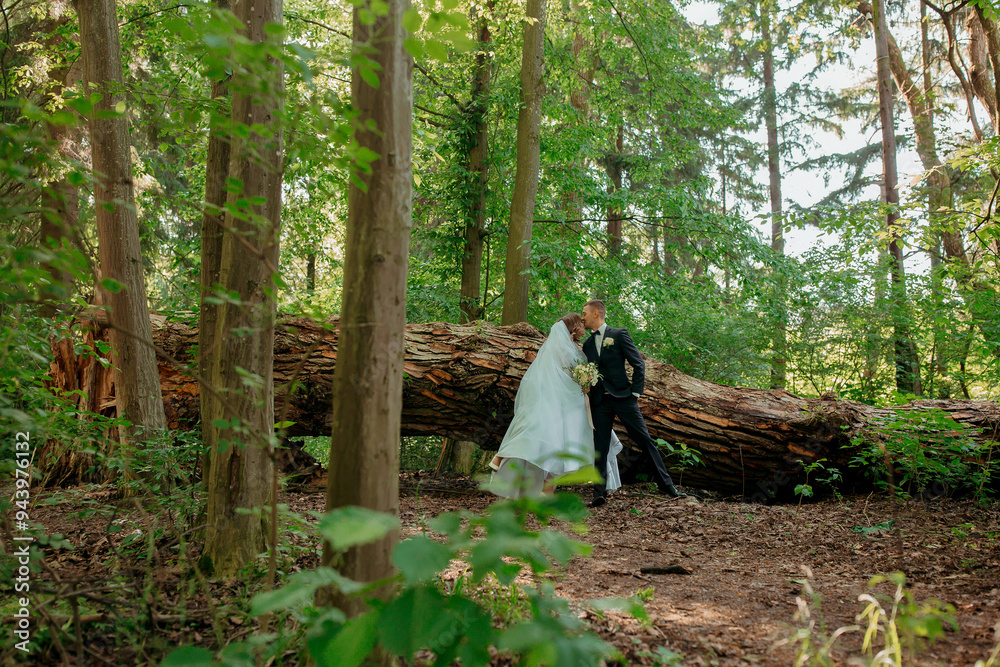 A couple is standing in a forest, with a large log in the background. They are hugging each other and looking into each other's eyes. Scene is romantic and intimate A couple is standing in a forest, with a large log in the background. They are hugging each other and looking into each other's eyes. Scene is romantic and intimate