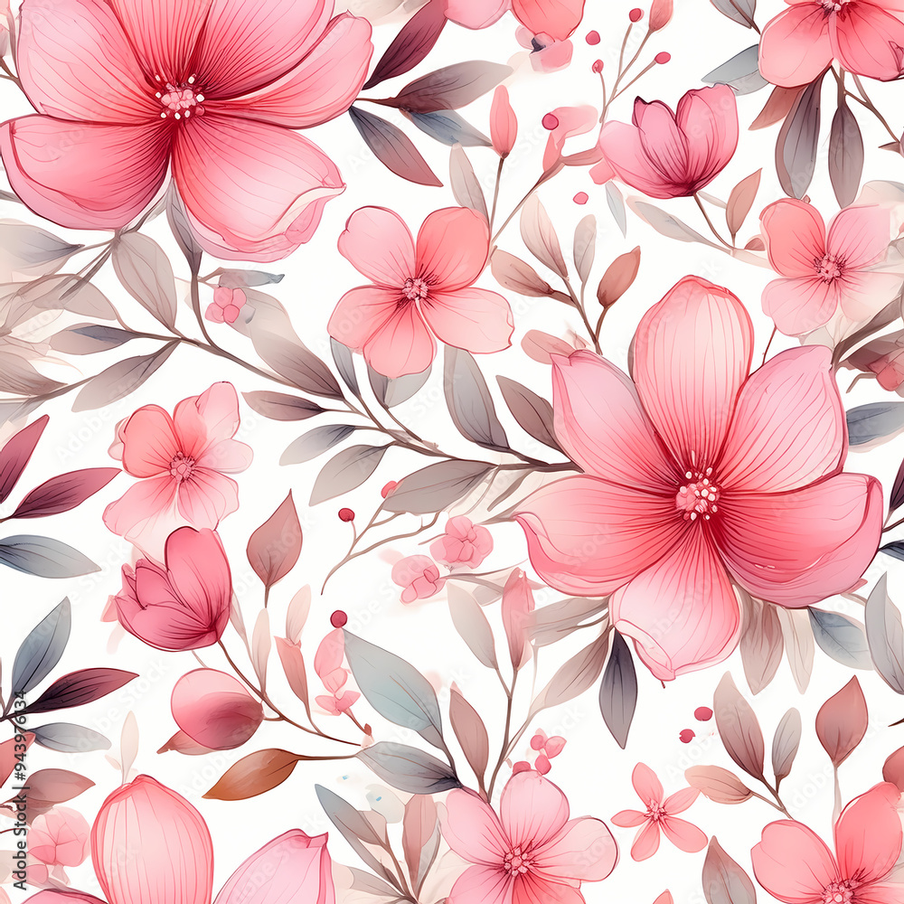Fototapeta premium seamless pattern with pink flowers and grey leaves 