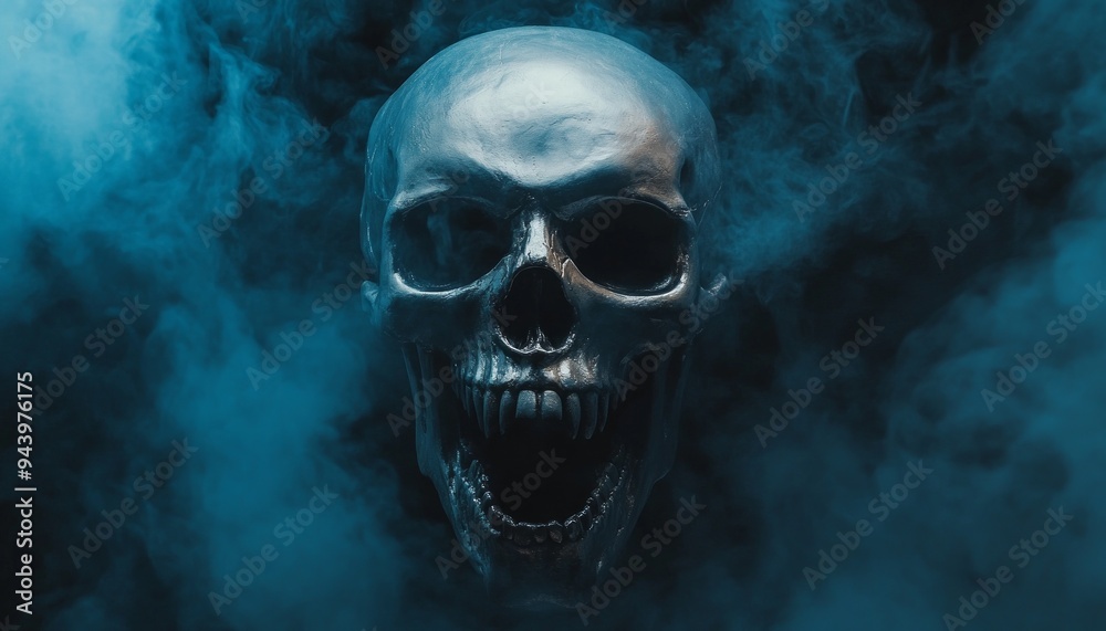 Screaming Silver Skull in Dark with Smoke and Shadows Screaming Silver Skull in Dark with Smoke and Shadows