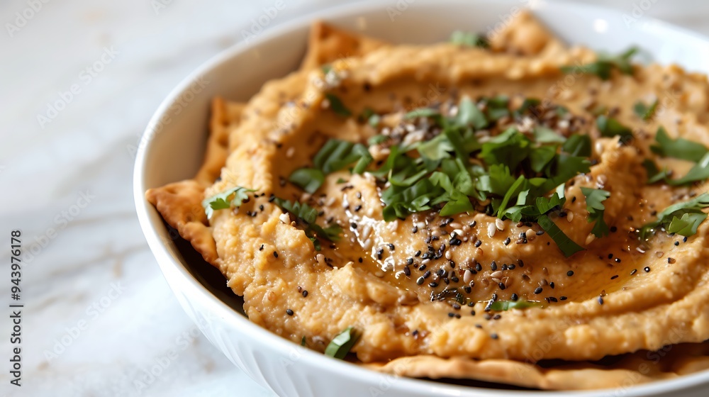 A simple design of a hummus topped sans gluten cracker A simple design of a hummus topped sans gluten cracker