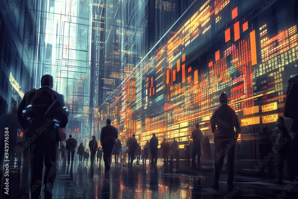Futuristic urban cityscape with people walking through a digital screen-filled street, illuminated by vibrant data visualizations at night. Futuristic urban cityscape with people walking through a digital screen-filled street, illuminated by vibrant data visualizations at night.