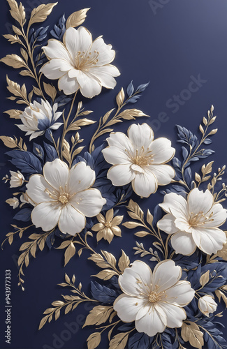 vintage royal navy blue with elegant white and gold flowers pattern