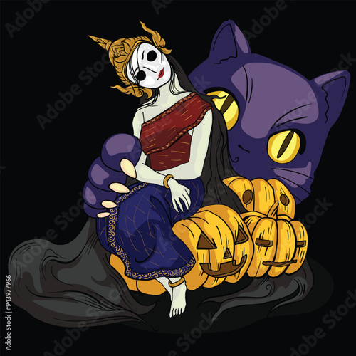 Thai Dancer Ghost with Giant Cat Illustration