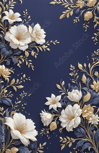 vintage royal navy blue with elegant white and gold flowers pattern