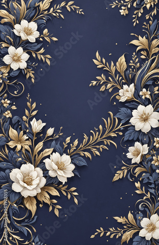vintage royal navy blue with elegant white and gold flowers pattern