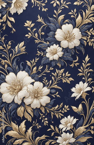 vintage royal navy blue with elegant white and gold flowers pattern