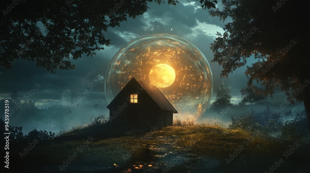 A small house surrounded by a protective force field, symbolizing insurance, in a calm and peaceful environment. A small house surrounded by a protective force field, symbolizing insurance, in a calm and peaceful environment.