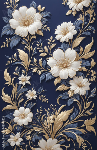 vintage royal navy blue with elegant white and gold flowers pattern