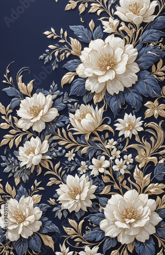 vintage royal navy blue with elegant white and gold flowers pattern