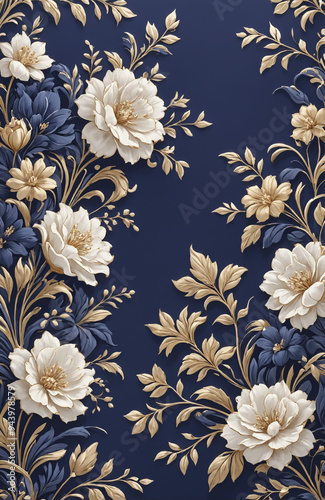 vintage royal navy blue with elegant white and gold flowers pattern
