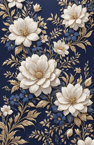 vintage royal navy blue with elegant white and gold flowers pattern
