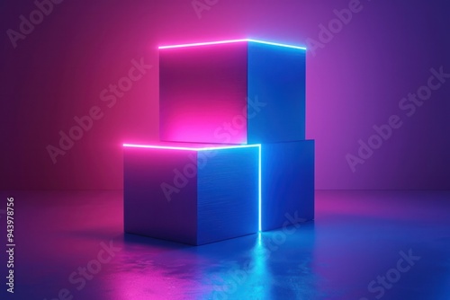 A stack of three cubes with neon lights on them