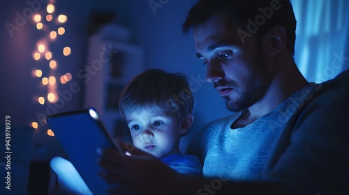 Parent looking at a child using a tablet, worried expression, dark room with blue light, highlighting the negative impact of screen time on sleep, concerned and caring mood
