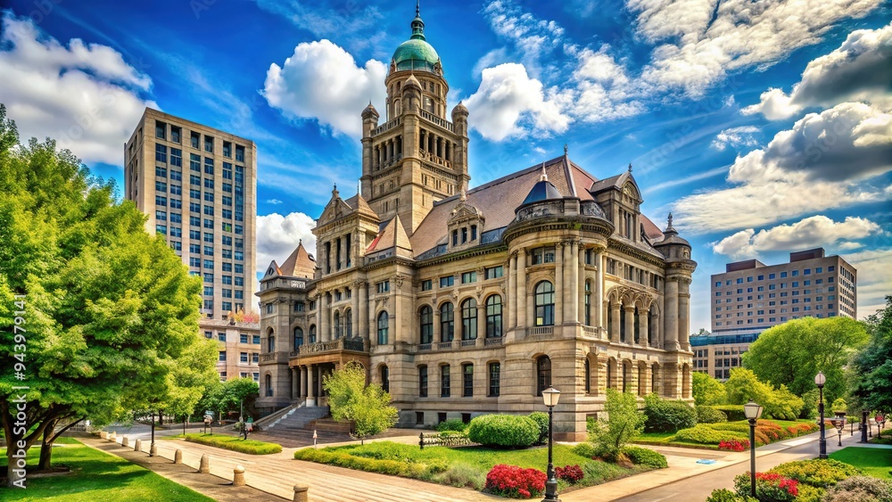 Naklejka premium A stately stone courthouse building with Romanesque Revival architecture stands proudly in the heart of a bustling Illinois city, surrounded by lush greenery.