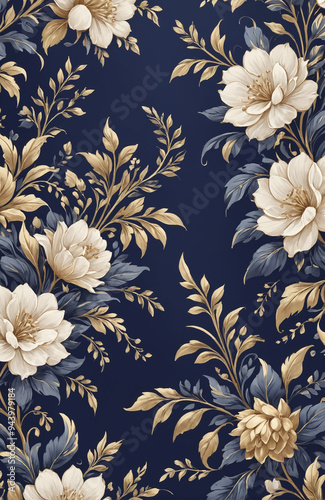 vintage royal navy blue with elegant white and gold flowers pattern