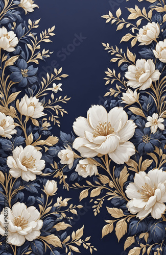 vintage royal navy blue with elegant white and gold flowers pattern