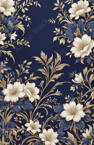 vintage royal navy blue with elegant white and gold flowers pattern