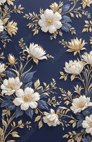 vintage royal navy blue with elegant white and gold flowers pattern