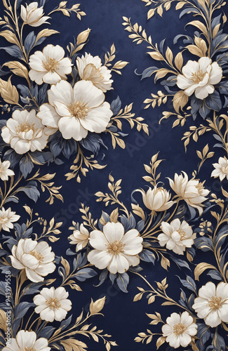 vintage royal navy blue with elegant white and gold flowers pattern