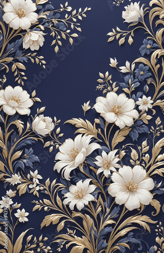 vintage royal navy blue with elegant white and gold flowers pattern