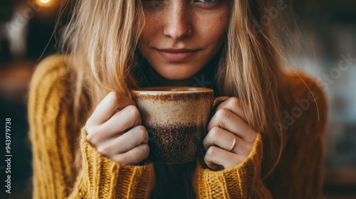 Young Woman in a Yellow Sweater Enjoying a Warm Drink