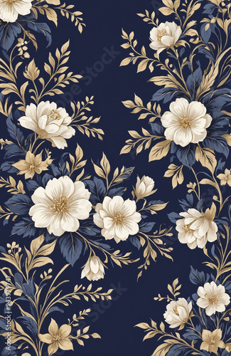 vintage royal navy blue with elegant white and gold flowers pattern