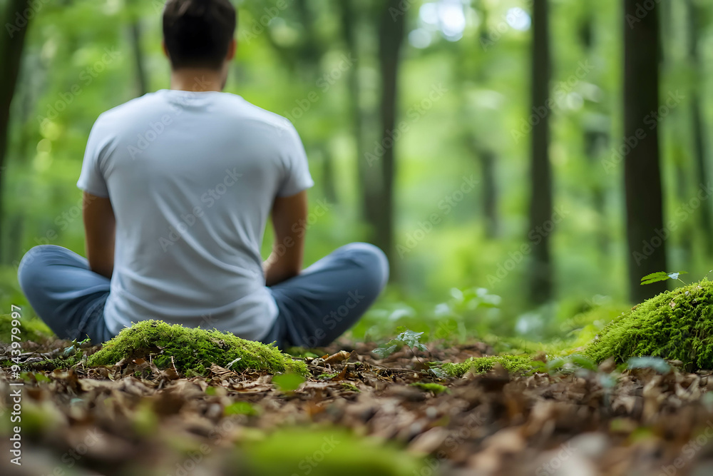 Forest Bathing concept. Being with nature and calm . Relaxing the body and mind in a good environment. Connecting with nature's energy.