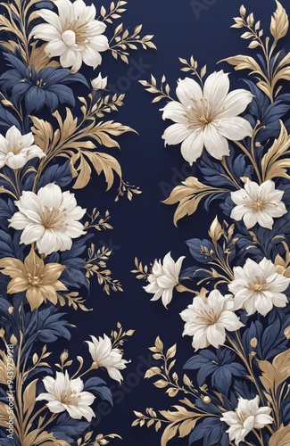 vintage royal navy blue with elegant white and gold flowers pattern