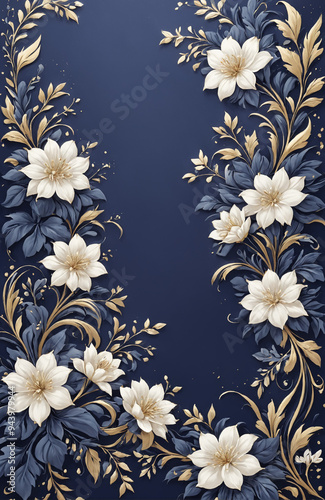 vintage royal navy blue with elegant white and gold flowers pattern
