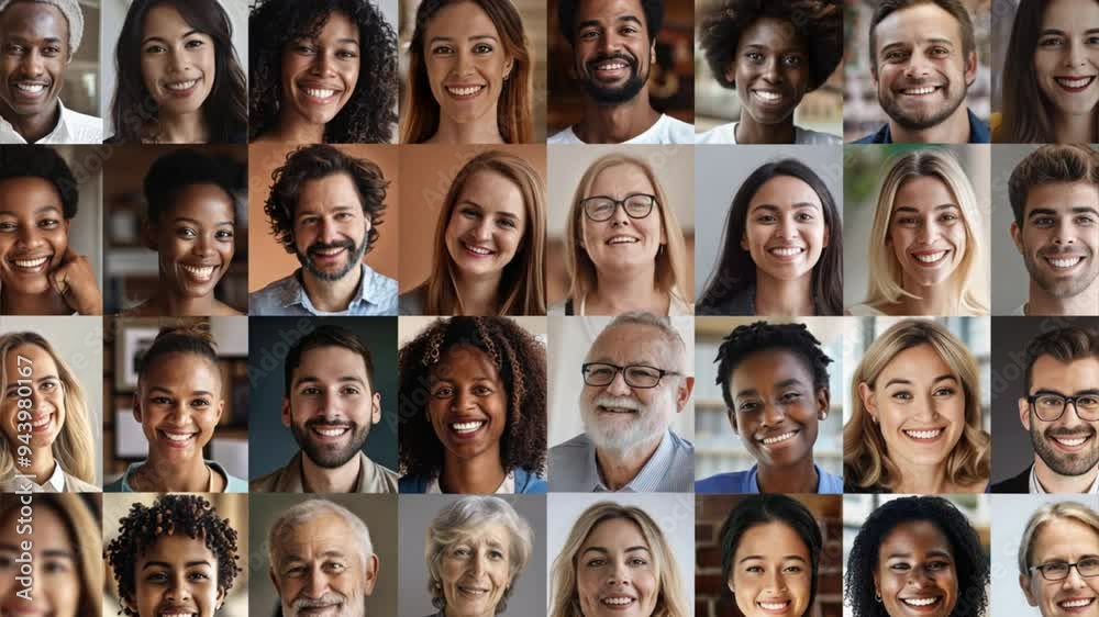 Collage of multi-ethnic, multigenerational people, smiling headshots, horizontal mosaic banner, diverse business group, panoramic header design. Collage of multi-ethnic, multigenerational people, smiling headshots, horizontal mosaic banner, diverse business group, panoramic header design.
