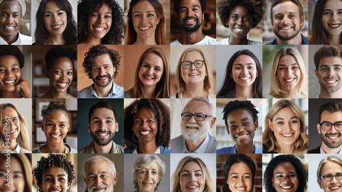 Collage of multi-ethnic, multigenerational people, smiling headshots, horizontal mosaic banner, diverse business group, panoramic header design.