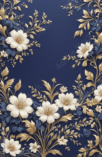 vintage royal navy blue with elegant white and gold flowers pattern