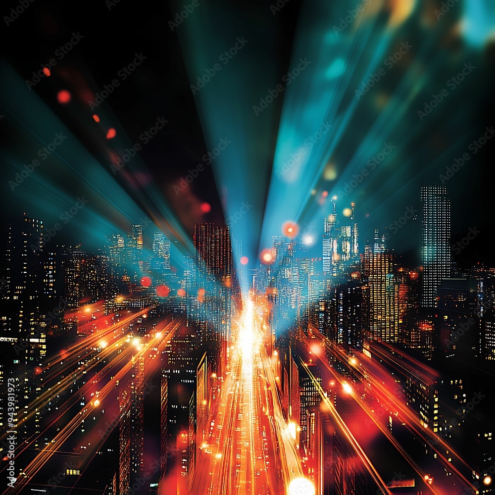 A futuristic cityscape at night featuring vibrant light streaks and illuminated skyscrapers, creating an energetic and high-tech urban atmosphere.