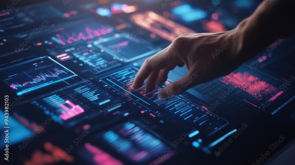 A close-up of a hand interacting with a futuristic digital display, showcasing vibrant graphs and data analytics in motion. A close-up of a hand interacting with a futuristic digital display, showcasing vibrant graphs and data analytics in motion.