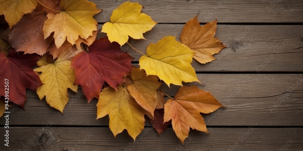 Autumn leaves on rustic wooden background.