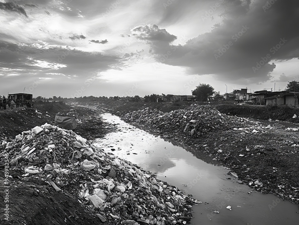 Fototapeta premium Environmental Cleanup Polluted River Cleaned Team Plastic Waste Piles Cloudy Skies Monochrome Palette