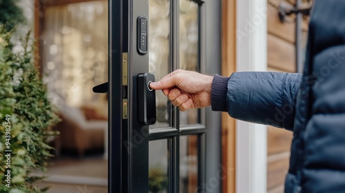 A man locking house door with auto locking smart lock. Home security concept photo