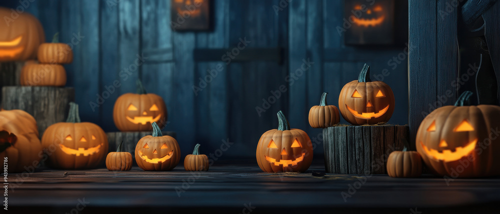 Obraz premium background with halloween pumpkins on wooden stands realism photo realistic 85mm studio photo promotional photo 