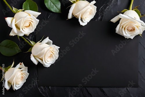 Blank condolence card, sympathy card, memorial card, greeting card with fresh Roses on the dark and neutral background floral concept. Empty place for a text.
