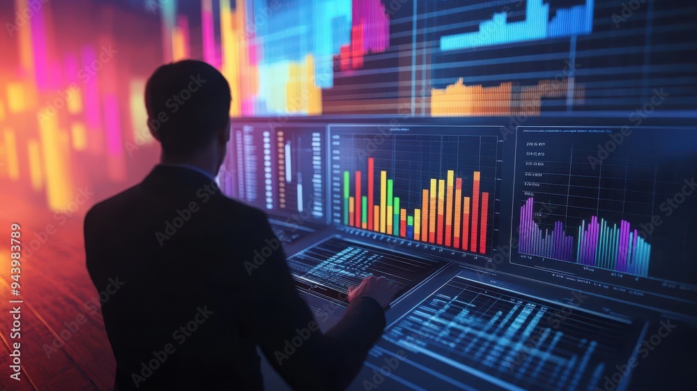 A professional analyzing data on advanced digital screens, showcasing vibrant graphs and charts in a modern workspace environment. A professional analyzing data on advanced digital screens, showcasing vibrant graphs and charts in a modern workspace environment.