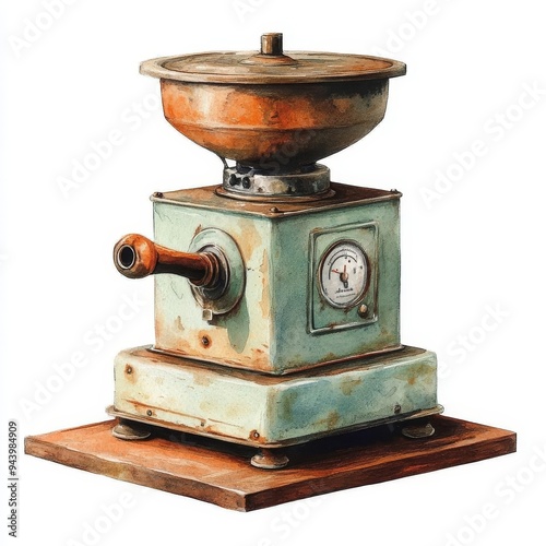 Vintage, hand-cranked, industrial grinder with a weathered patina.