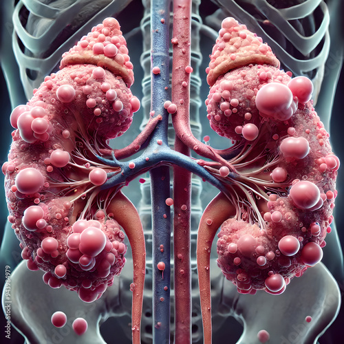 Human kidneys affected by polycystic kidney disease (PKD), showing numerous cysts varying sizes spread throughout tissue. swollen, irregularly shaped, cysts visibly displacing normal kidney structures