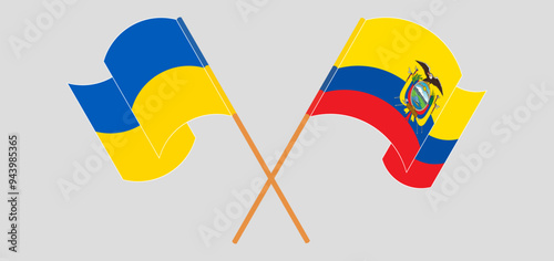 Crossed and waving flags of Ukraine and Republic of Ecuador