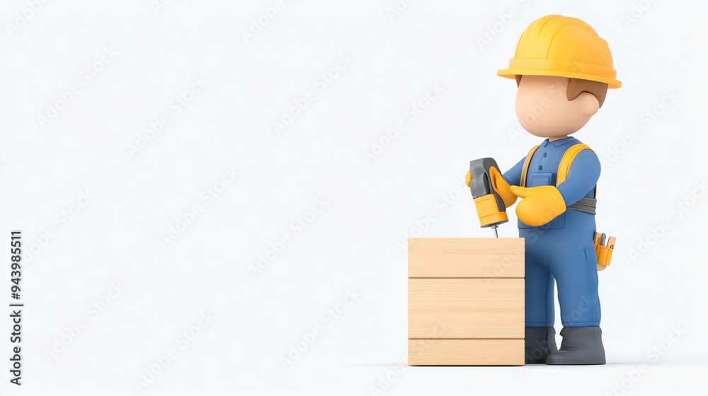 A cartoon construction worker drilling into a wooden box, showcasing tools and safety gear in a vibrant, professional setting. A cartoon construction worker drilling into a wooden box, showcasing tools and safety gear in a vibrant, professional setting.