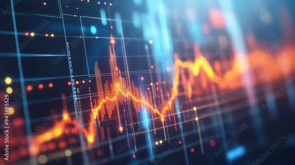 Abstract financial chart with glowing lines and data points, representing market trends and analytics in modern trading. Abstract financial chart with glowing lines and data points, representing market trends and analytics in modern trading.