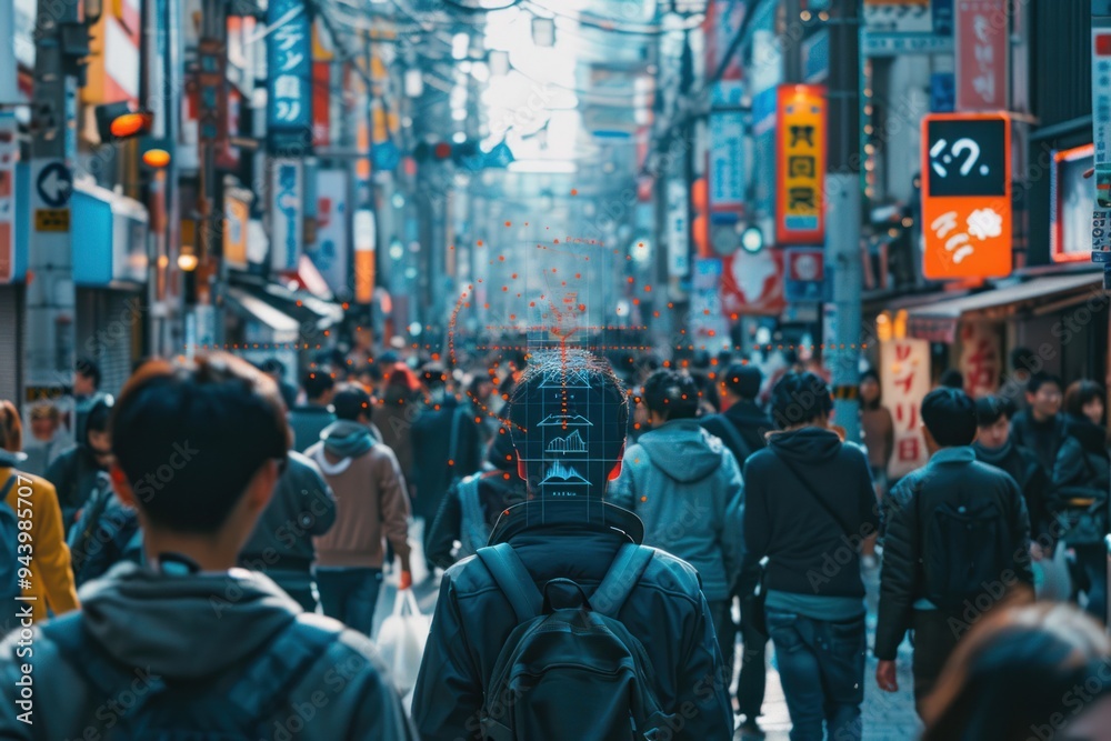 A busy city street with people walking and a man wearing a backpack A busy city street with people walking and a man wearing a backpack
