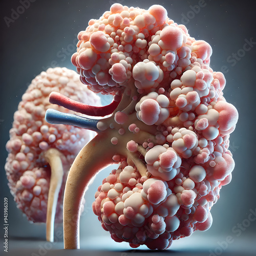 Human kidneys affected by polycystic kidney disease (PKD), showing numerous cysts varying sizes spread throughout tissue. swollen, irregularly shaped, cysts visibly displacing normal kidney structures photo