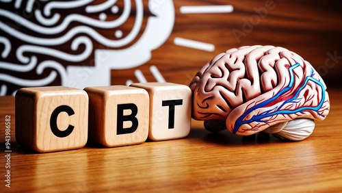 A wooden block with the CBT acronym abbreviation of word text Cognitive behavioral therapy along with brain, suggesting the concept of thought or intelligence