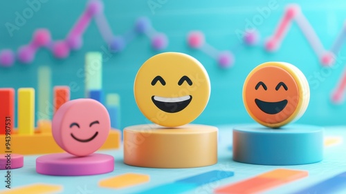 Colorful emoticons on podiums represent happiness and positivity against a vibrant business background.